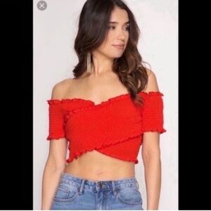 She + Sky Red Smocked Off-the-Shoulder Crop Top. Size S